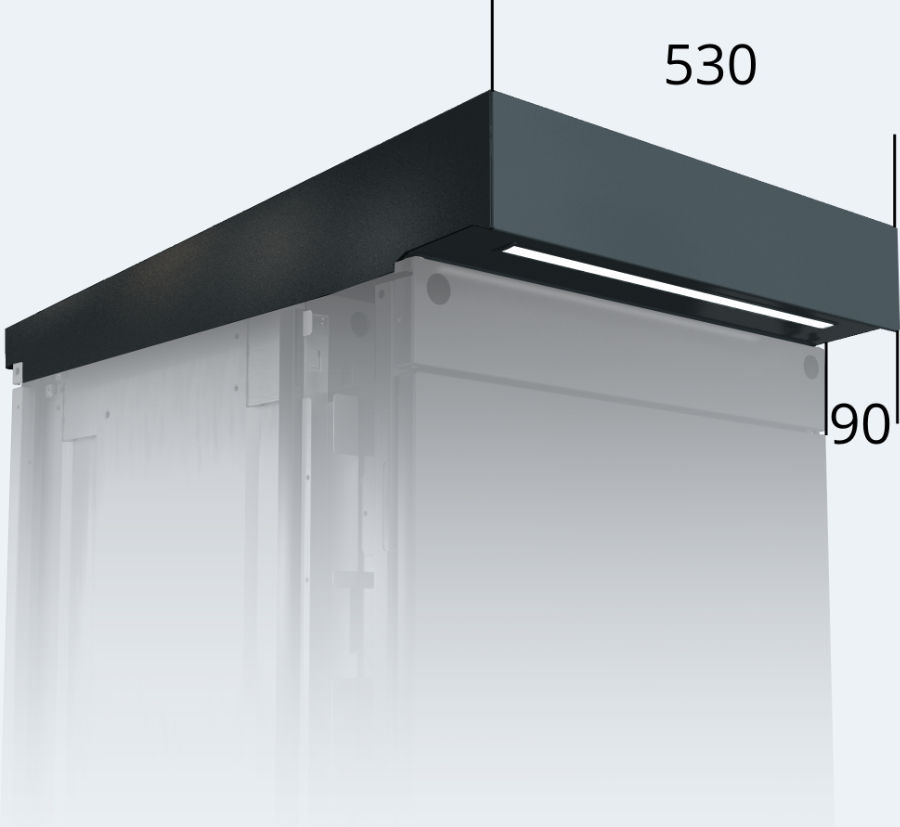 Top with a reduced overhang 90 for outdoor cabinet units 530