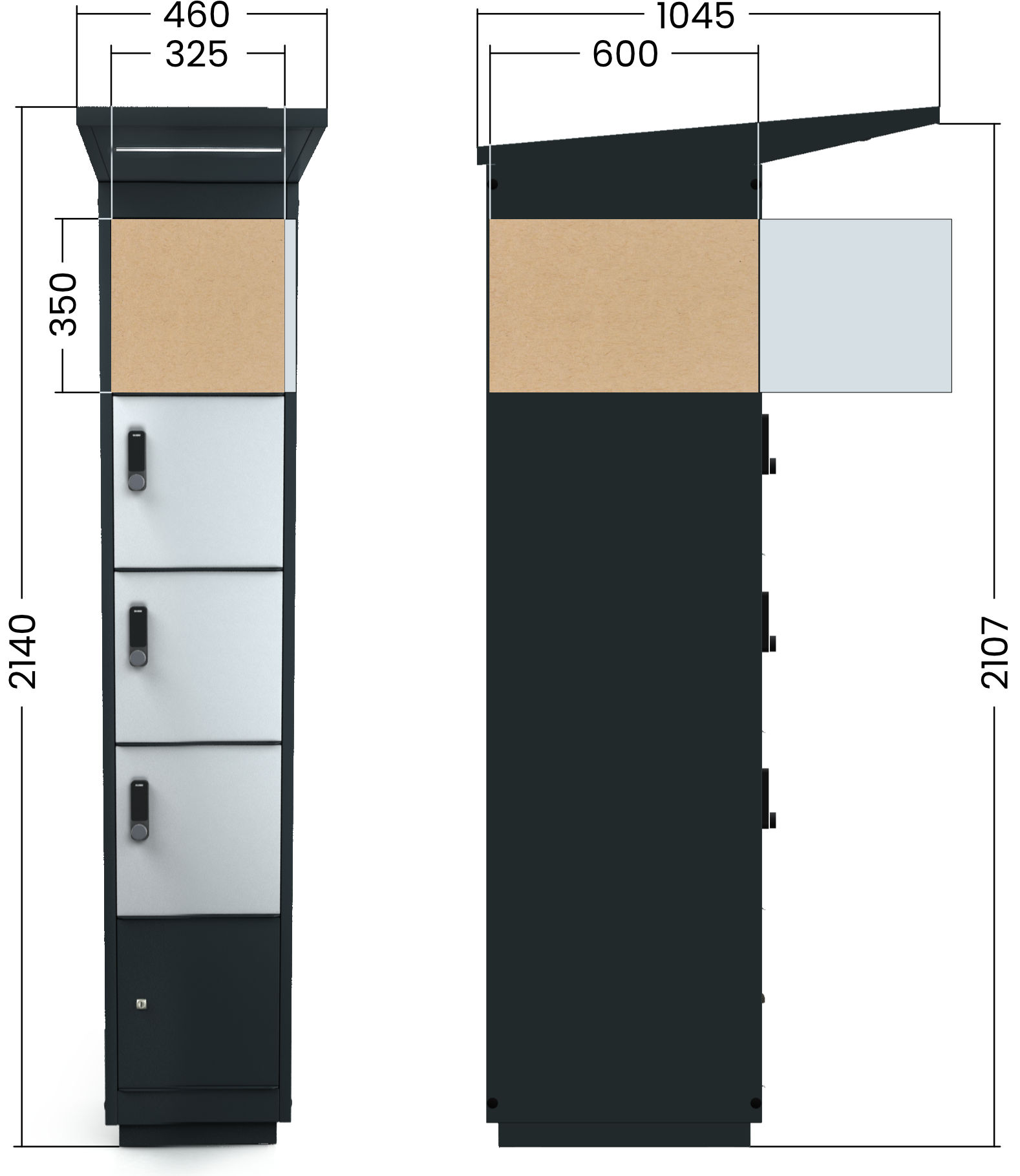 Dimensional diagram of the e-bike charging unit – open compartments shown