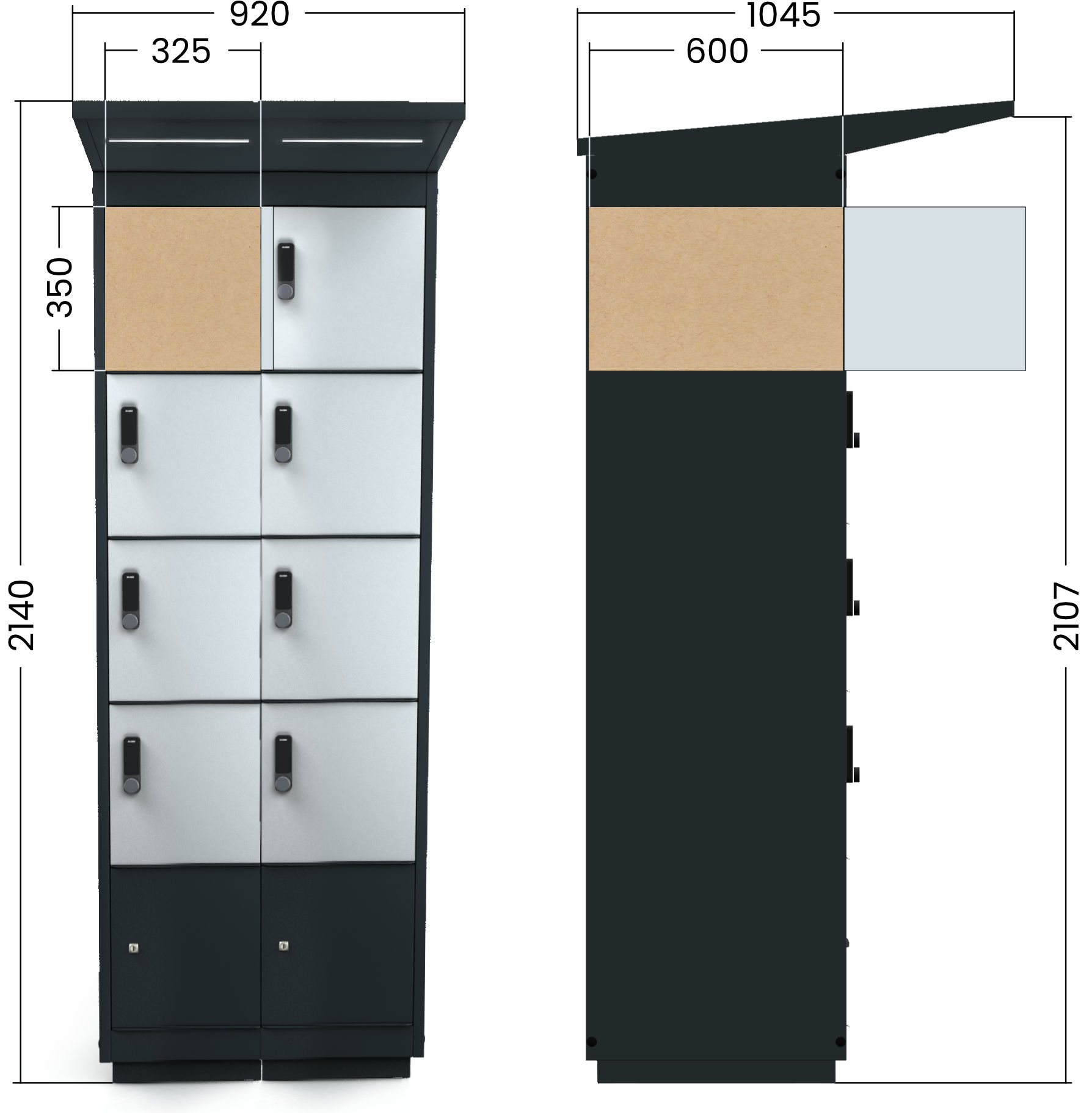 Dimensional diagram of the e-bike charging unit – open compartments shown
