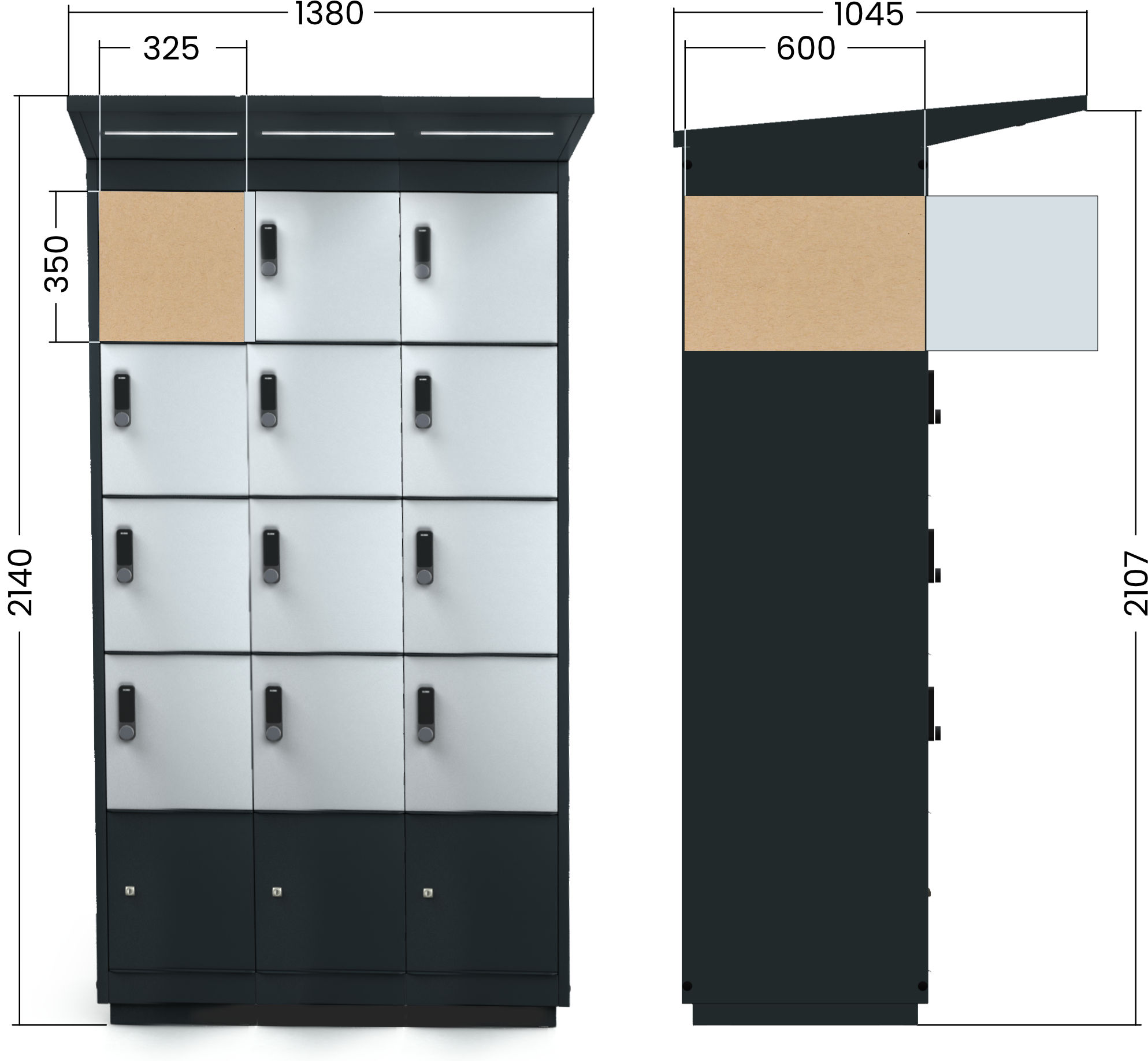 Dimensional diagram of the e-bike charging unit – open compartments shown