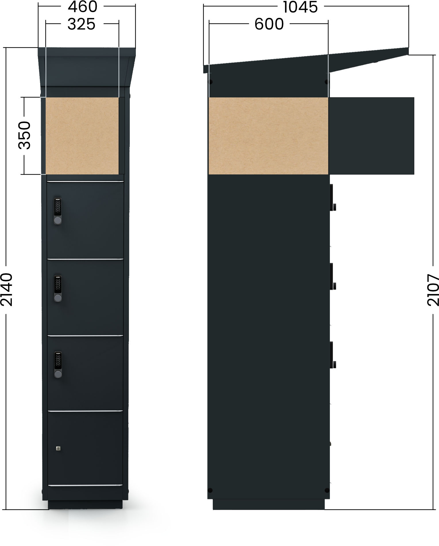 Open charging cabinet showing sockets and storage space for e-bike batteries.