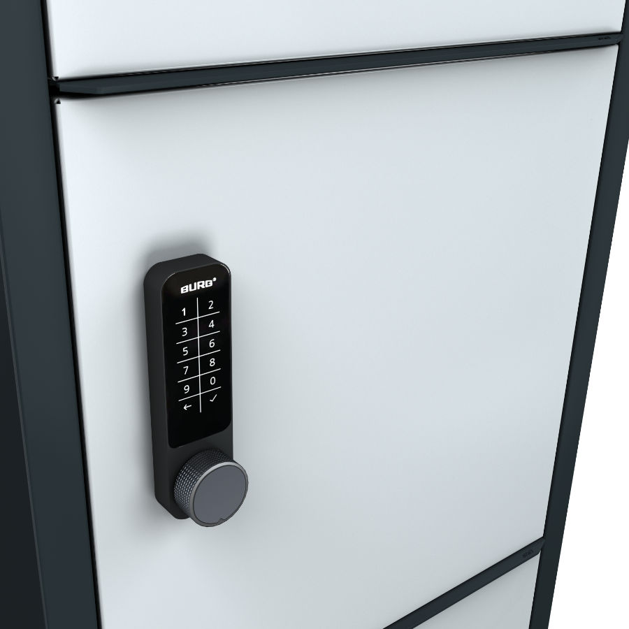 Close-up of the BURG electronic lock with keypad and rotary handle on the charging cabinet door.