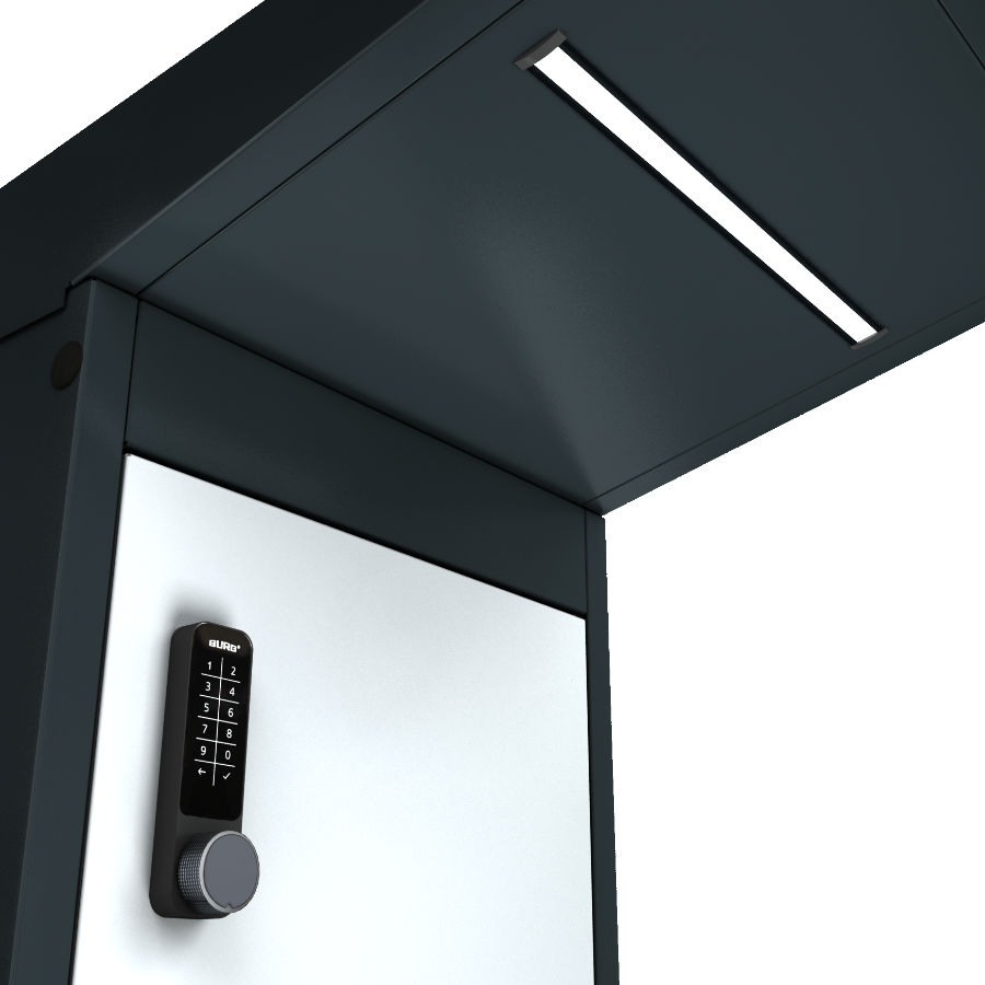 Detail of the charging cabinet with integrated LED lighting and BURG electronic lock.