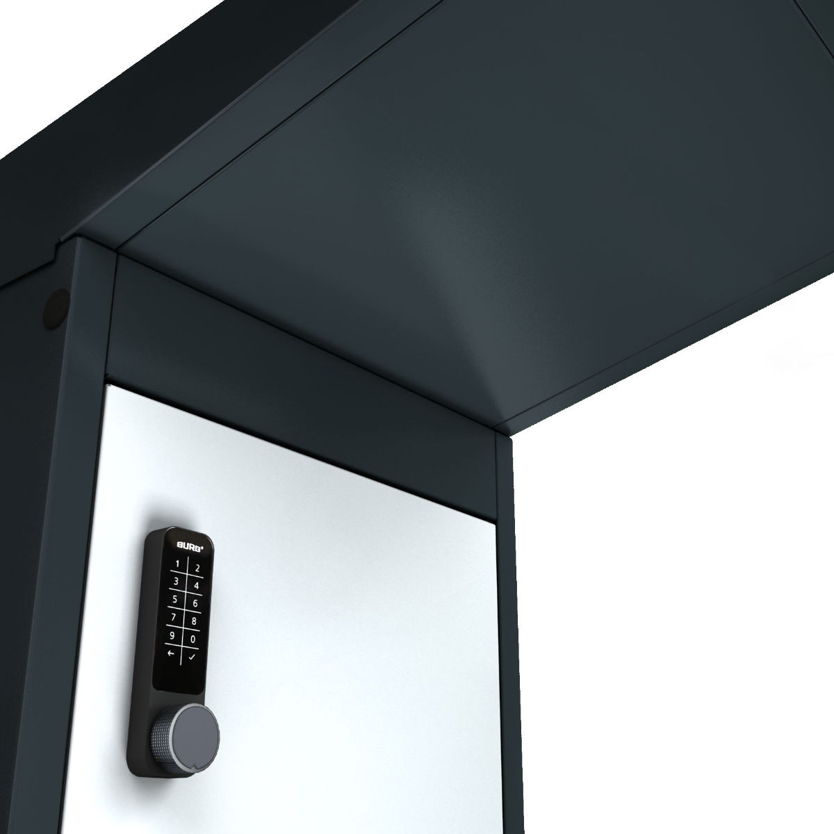 Detail of the upper part of the charging cabinet with an overhanging roof protecting the doors from rain.