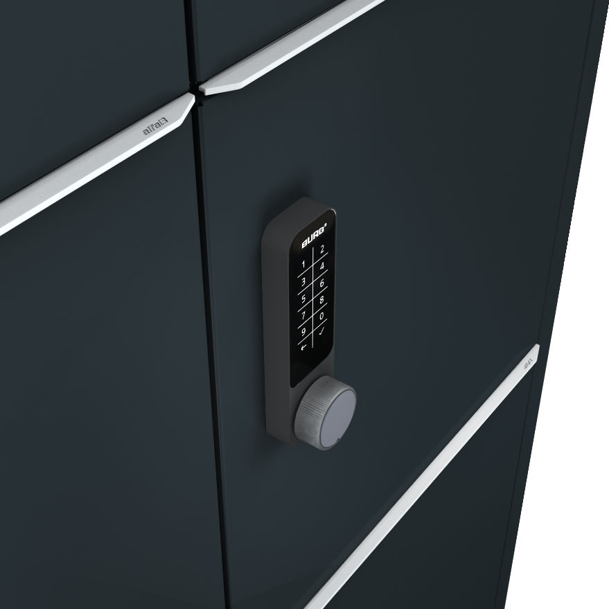 Close-up of the BURG electronic lock with keypad and rotary handle on the charging cabinet door.