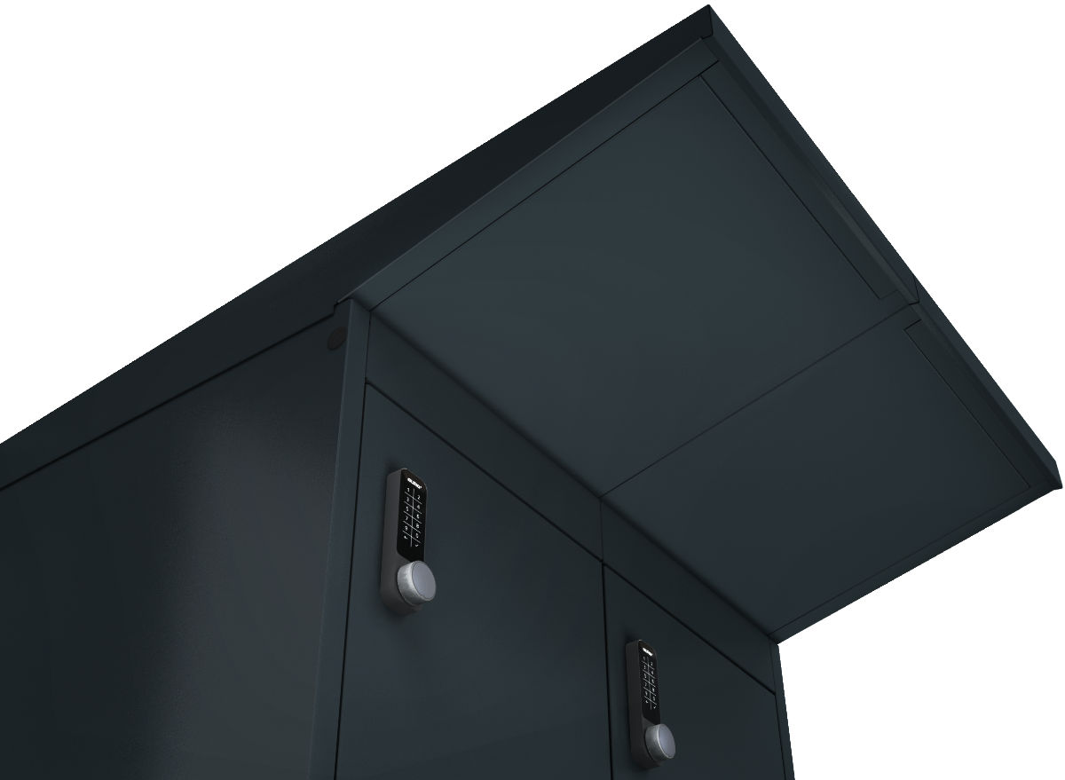Detail of the upper part of the charging cabinet with an overhanging roof protecting the doors from rain.