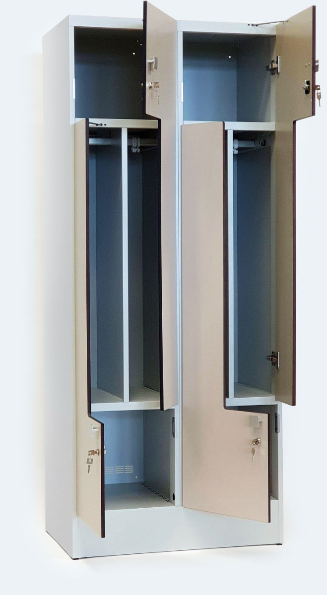Designer metal garment locker with doors made of compact boards 