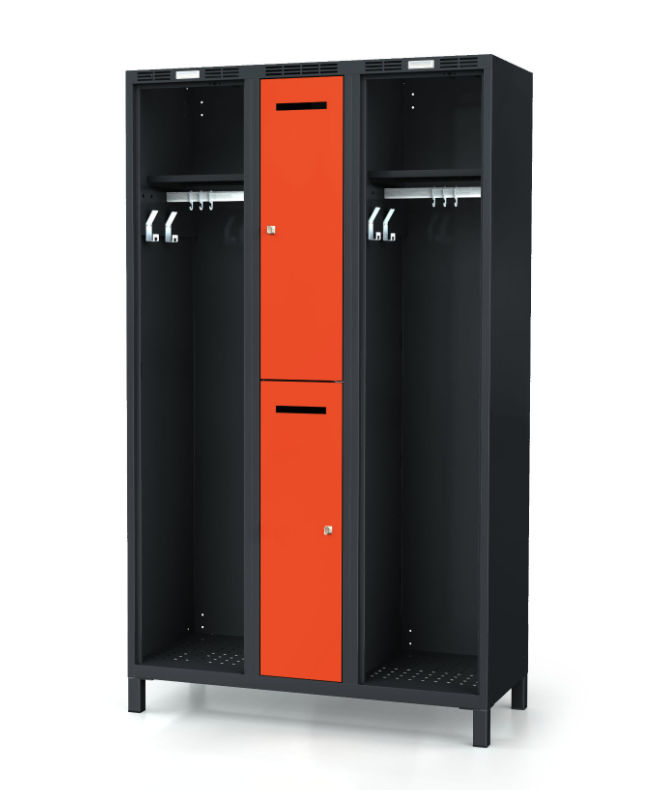 2 lockers set. Open section and lockable boxes for private clothing.