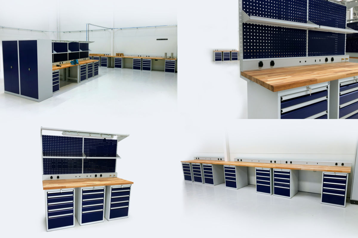 Production plant equipped with workshop workbenches and material storage cabinets