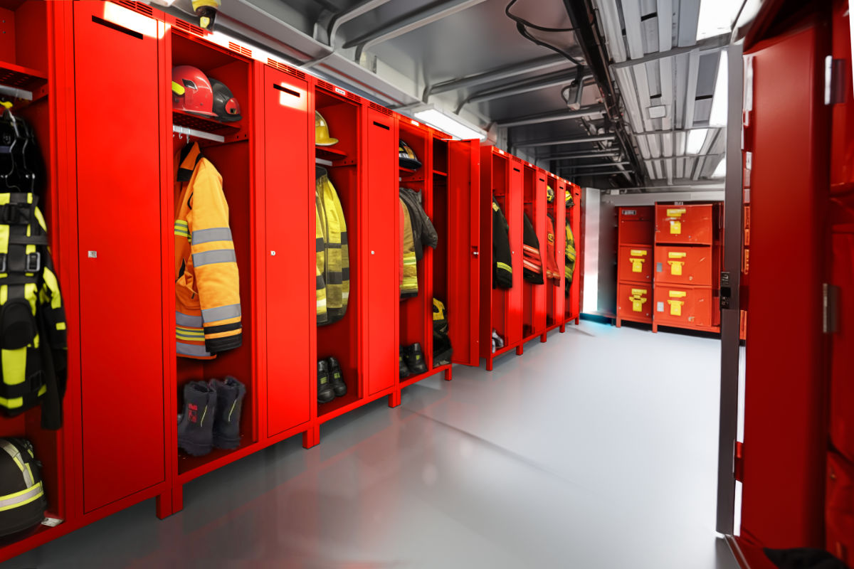 The width of the cabinet allows the helmet to be stored on a special perforated shelf.