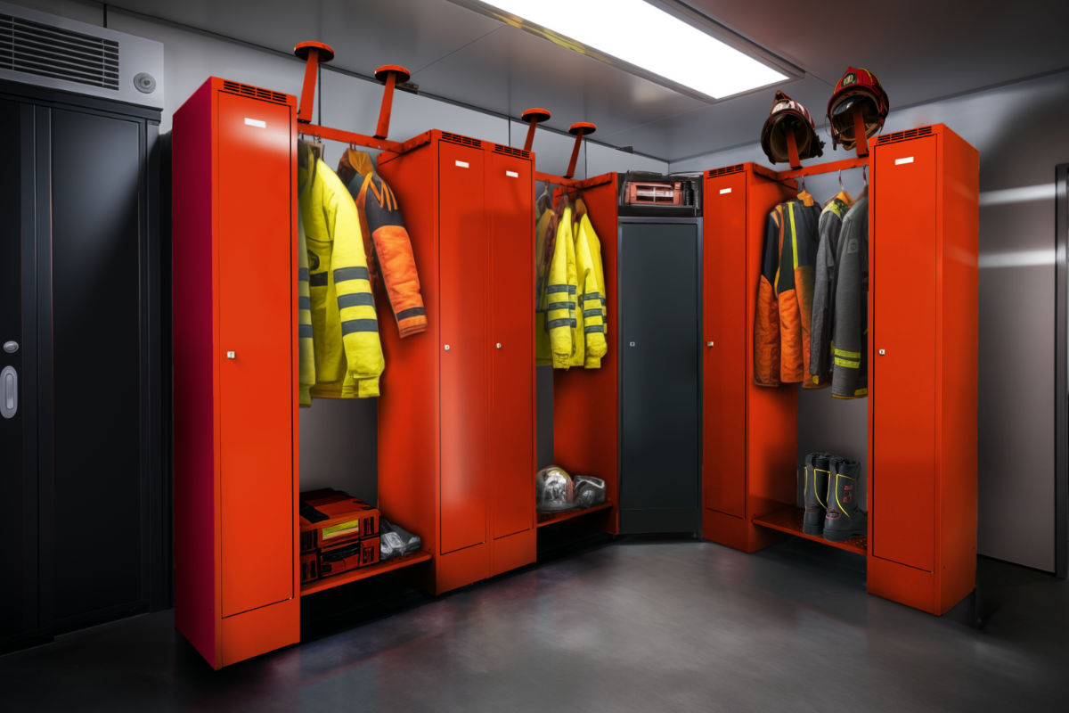 Open locker sets. Combination of open space for professional clothing and locker for private clothing. Right and left version of the door. Possibility of throw-opening.