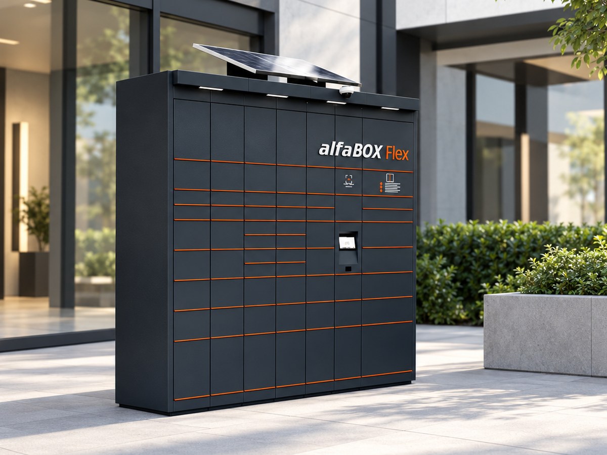 The autonomous alfaBOX Flex parcel locker enables flexible operation powered by batteries or solar panels.