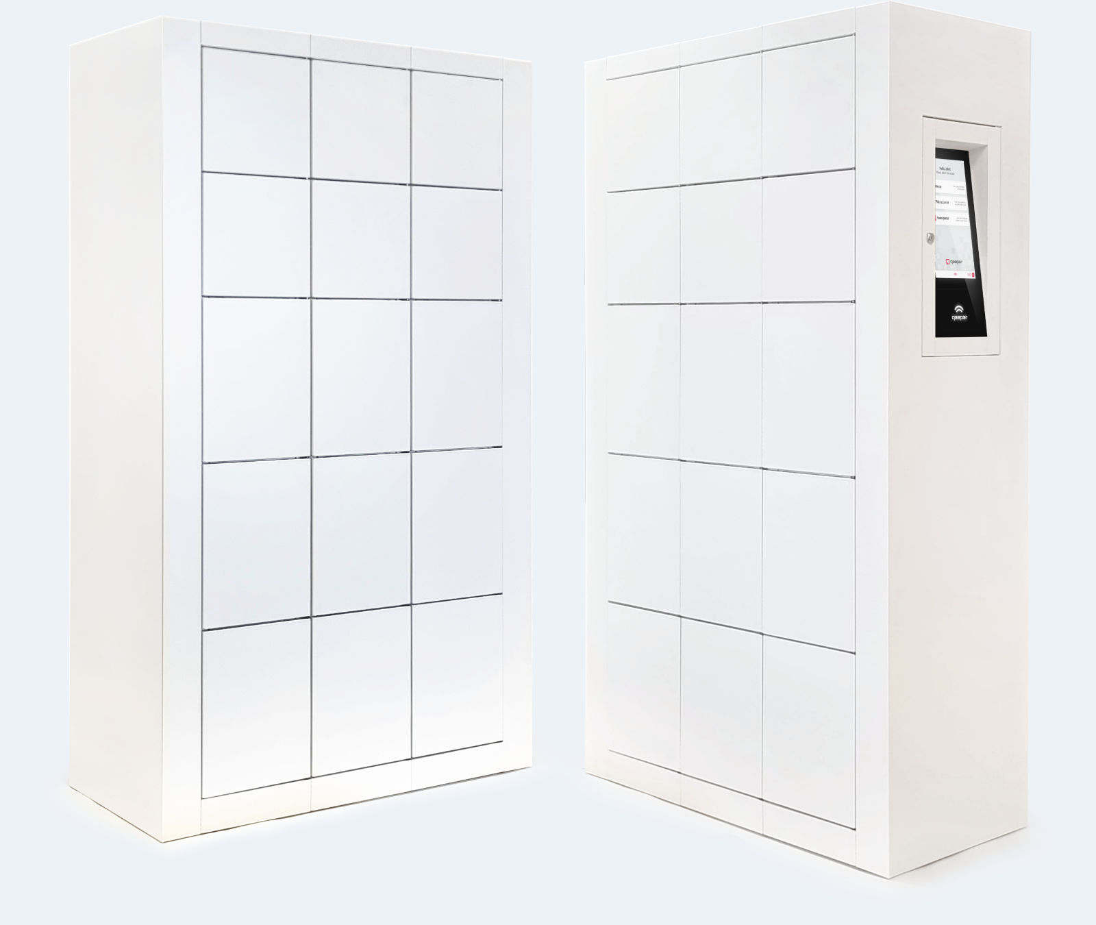 Metal cabinet with electronically lockable boxes with a touch screen controller display