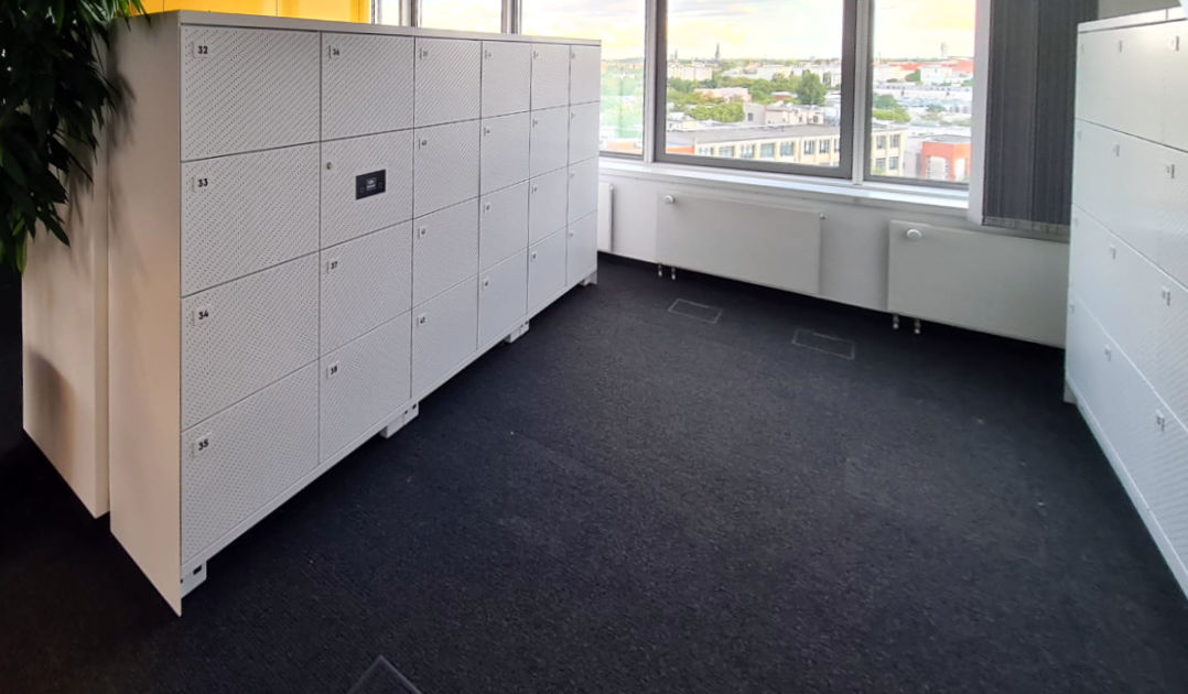Metal design lockers with storage boxes with online electronic lock and control terminal for shared workspaces