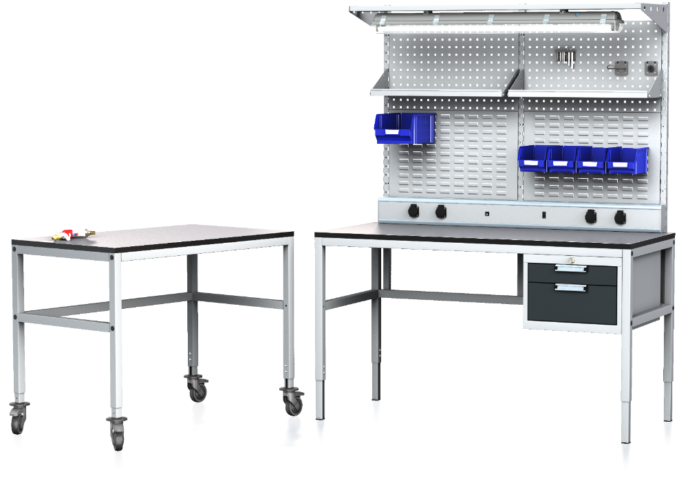 ALGERS mechanically height-adjustable workbench for assembly plants