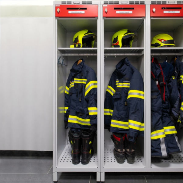 View of the firefighter suit, boots and helmet stored in the ALFA 3 firefighter locker
