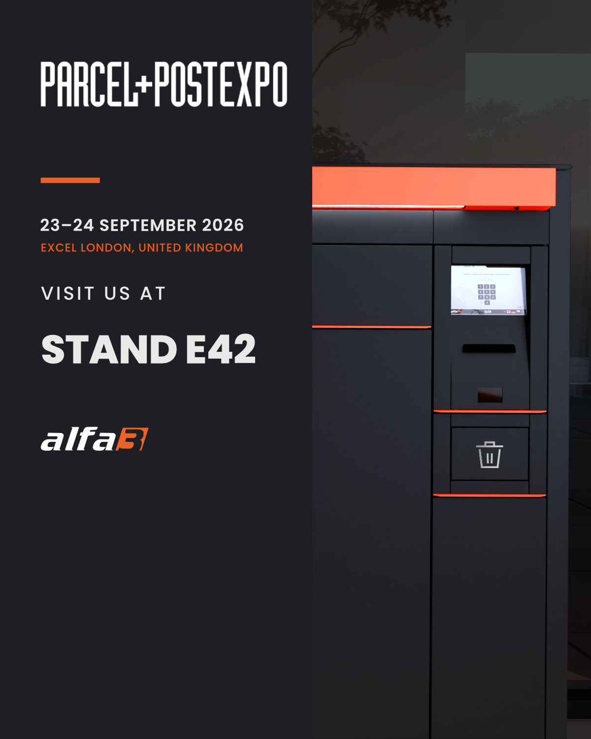 At Parcel+Post Expo 2026 in London, ALFA 3 will showcase the latest generation of alfaBOX parcel lockers and other innovations for modern last-mile logistics. Visit us at stand E42. At Parcel+Post Expo 2026 in London, ALFA 3 will showcase the latest generation of alfaBOX parcel lockers and other innovations for modern last-mile logistics. Visit us at stand E42.