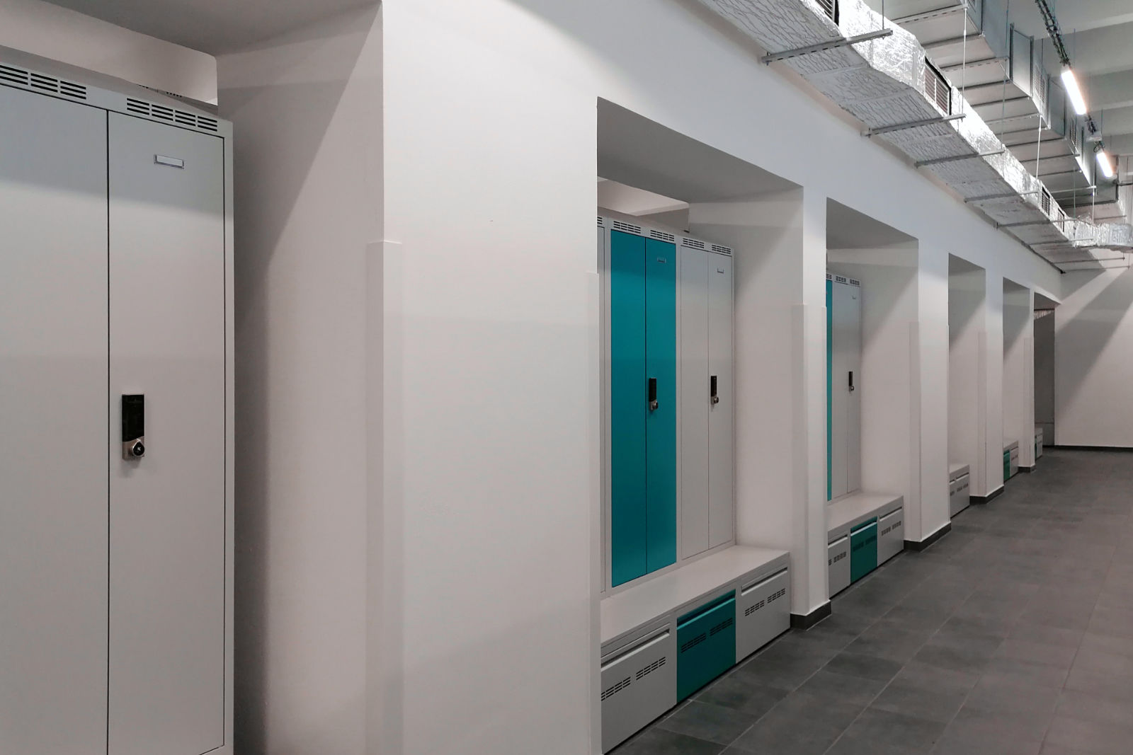 Lockers with online locks powered by batteries.