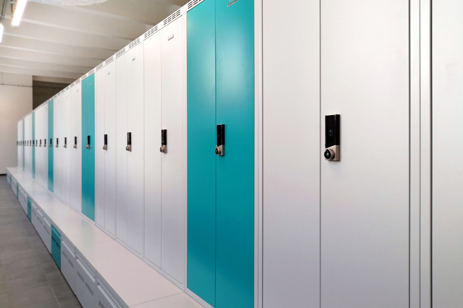 The lockers are equipped with a central locking system and a sloped roof.