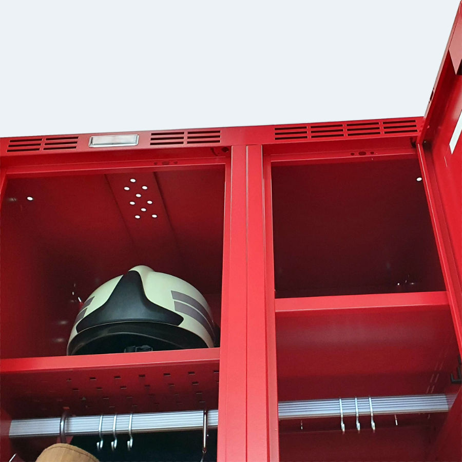 Firefighter locker, a view of the firefighter suit compartment and personal belongings storage compartment 