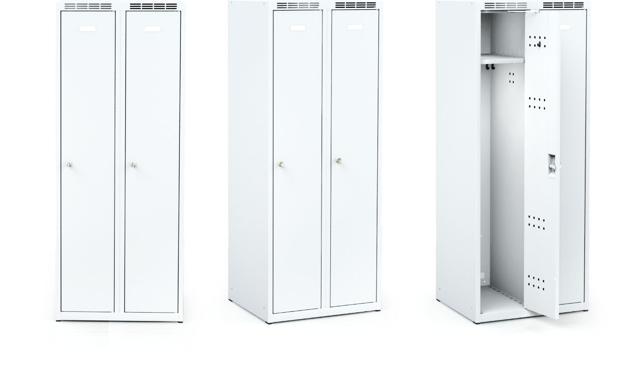 Metal lockers with a height of 150cm for primary school. Individual lockers are ventilated and can have double-plated doors.