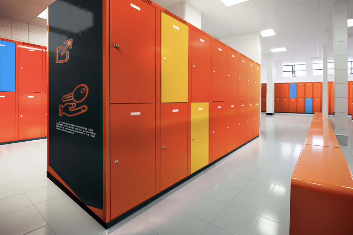 Horizontally divided metal lockers for high schools and gymnasiums.