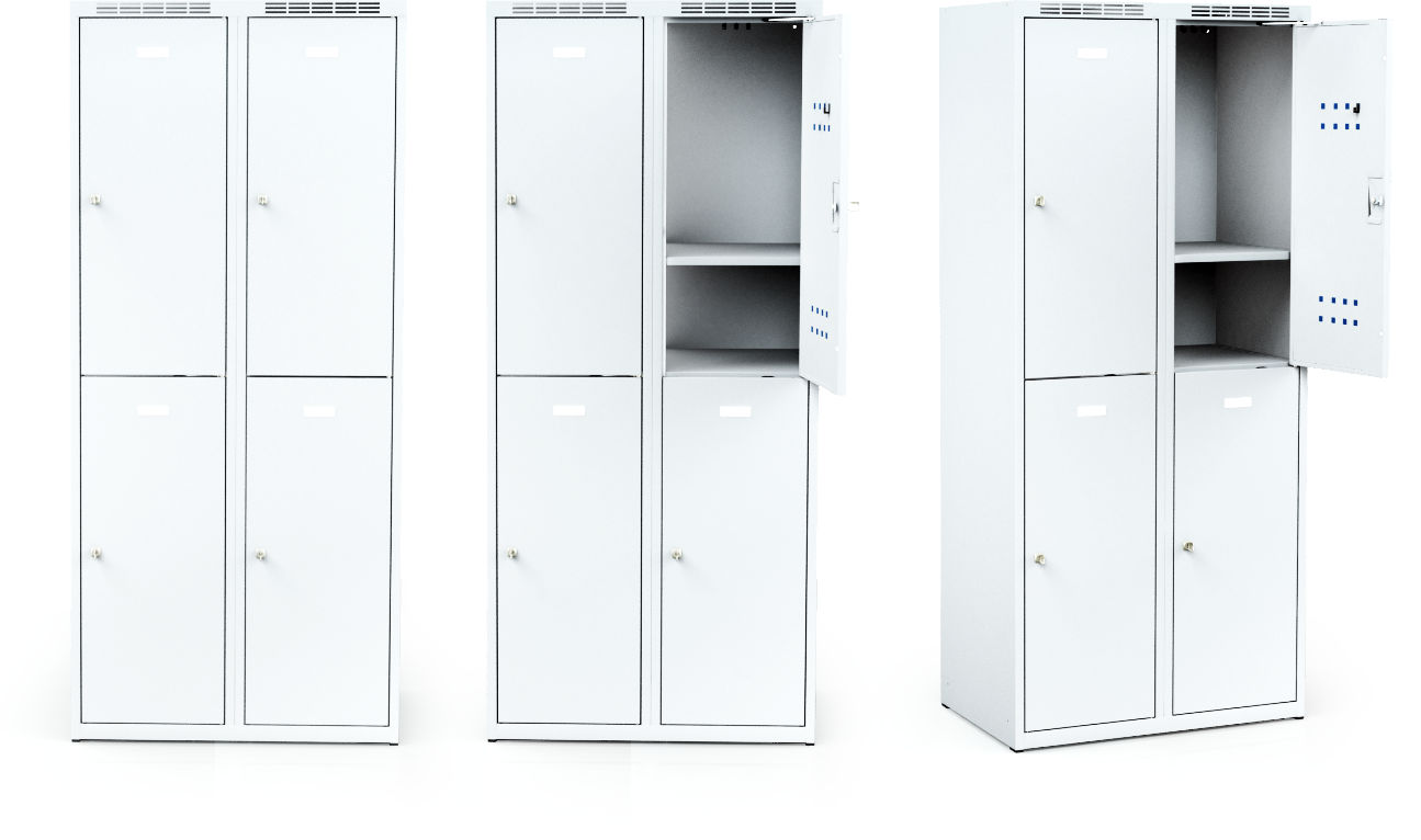 Horizontally divided lockers, total height 180cm with multiple ventilation system, double-plated door option.