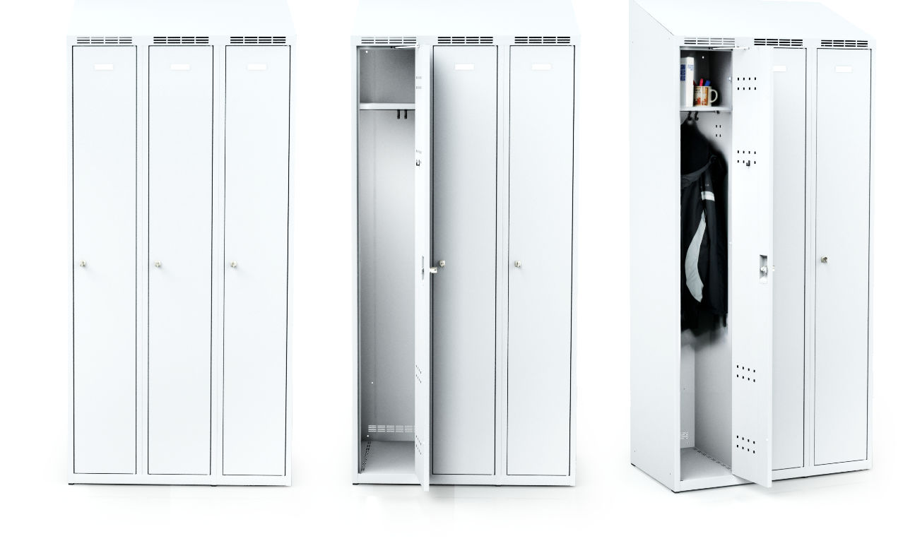 Lockers height 195cm with sloping ceiling, double-plated door option.