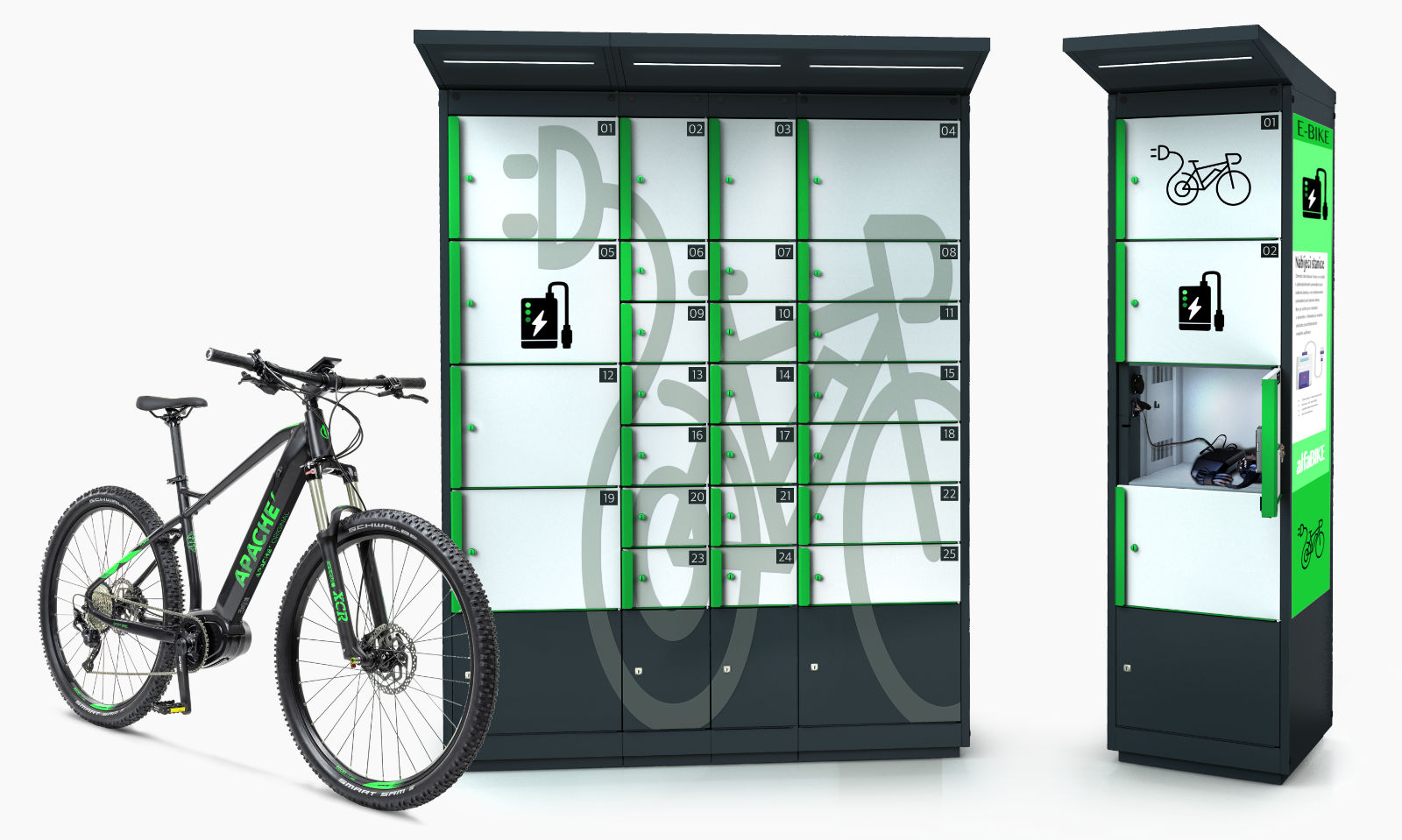Outdoor e-bike and mobile device battery charging lockers