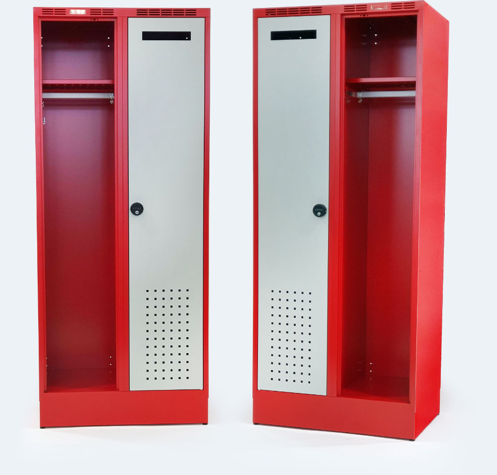 Special combined firefighter lockers, with a helmet and a firefighter suit compartment on the left and a large-volume lockable space with a perforated door on the right