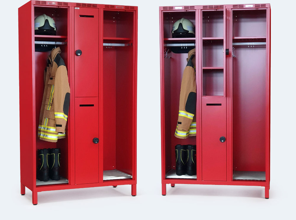 Special firefighter locker with storage space for firefighter suits and civilian clothing