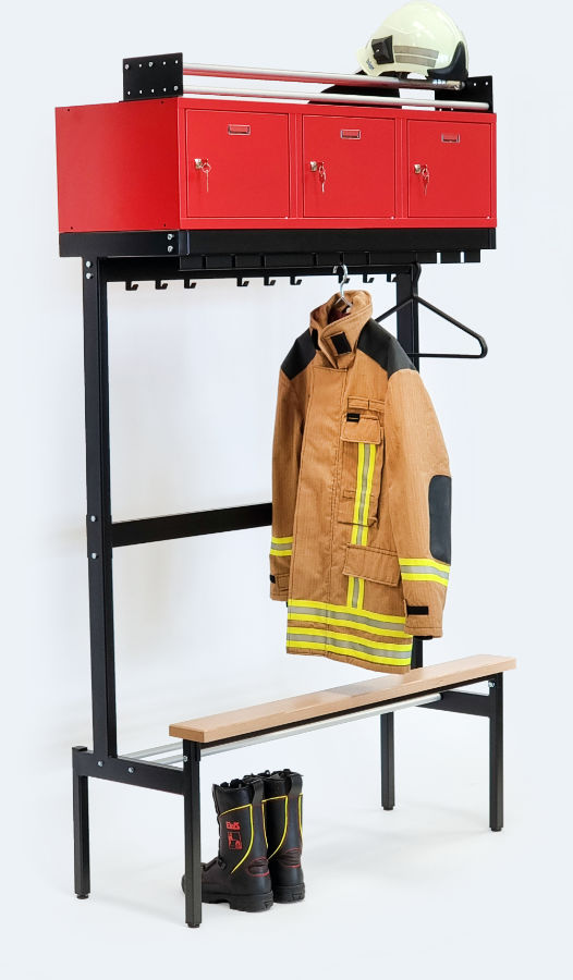 Special hanger set for the firefighter suit with storage boxes for personal belongings and storage space for helmets