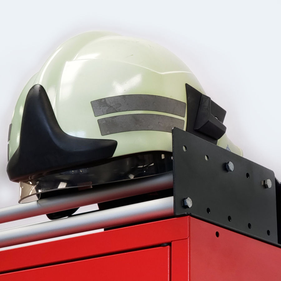 Firefighter helmet storage system