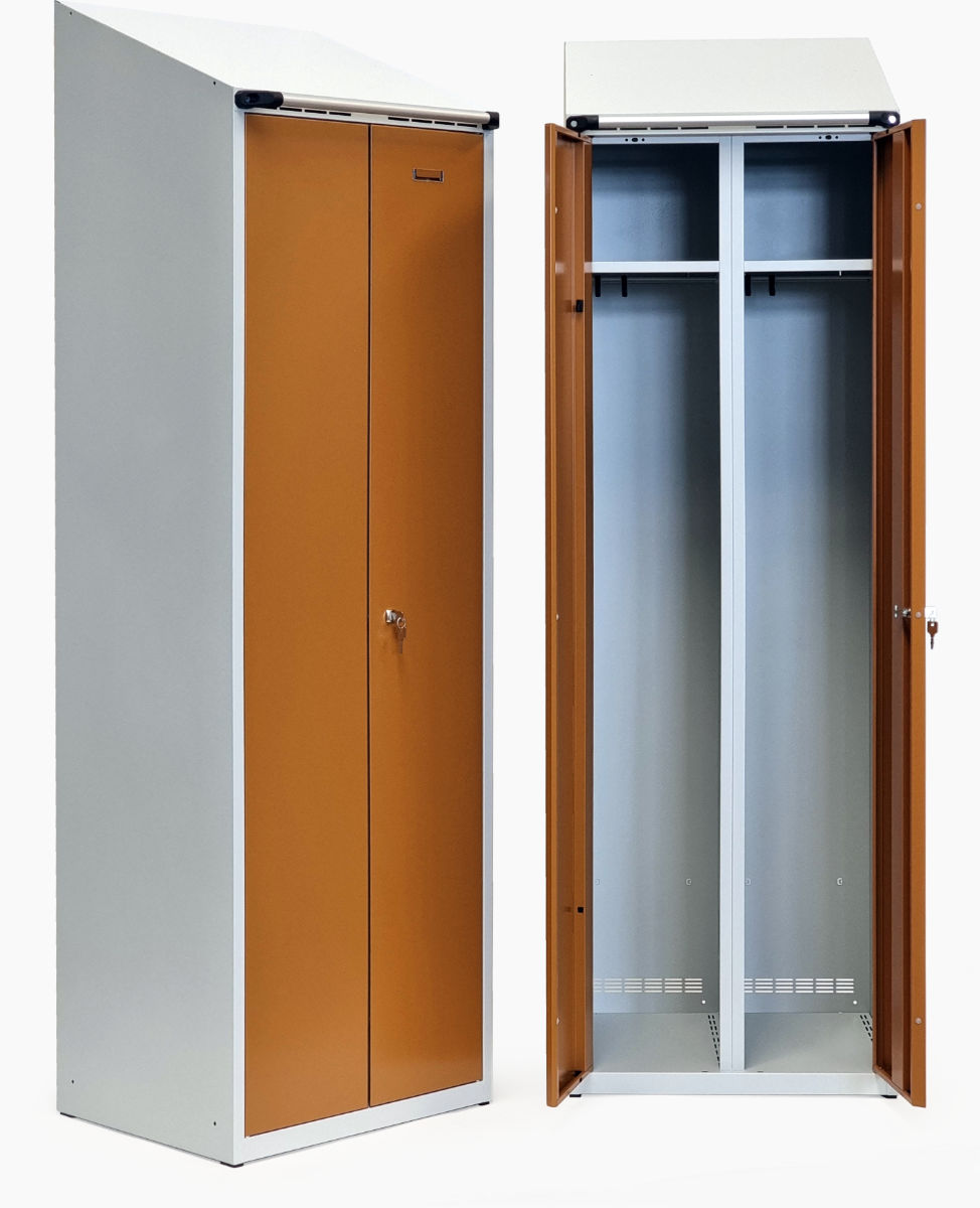 Large volume metal wardrobes with sloping lids and external towel rail.