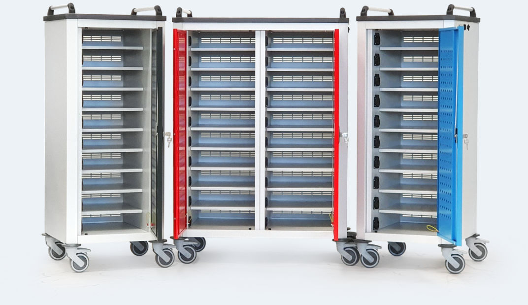 Mobile device trolleys with open doors