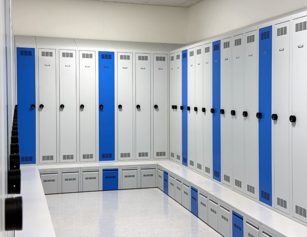 Panasonic employee locker room equipped with metal lockers with shoe rack.