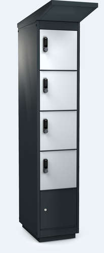 E-Bike Charging Locker – 4 Compartments - Modular charging cabinet with protective roof and four compartments for e-bikes
