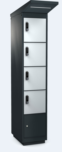 E-Bike Charging Unit – 4 Compartments – LED - Modern ALFA 3 charging unit for 4 e-bikes – durable outdoor design with LED lighting and secure locks