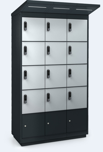 E-Bike Charging Unit – 12 Compartments – LED - Modern ALFA 3 charging unit for e-bikes – durable outdoor design with LED lighting and secure locks