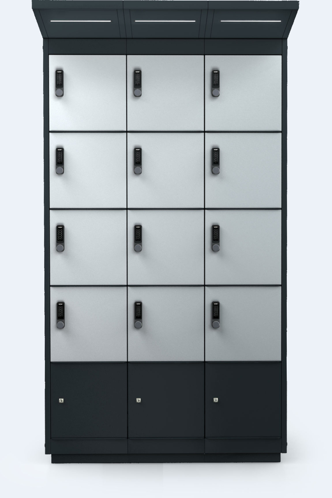 E-Bike Charging Unit – 12 Compartments – LED - Charging unit for e-bikes – outdoor steel cabinet with lockable compartments and integrated LED lighting