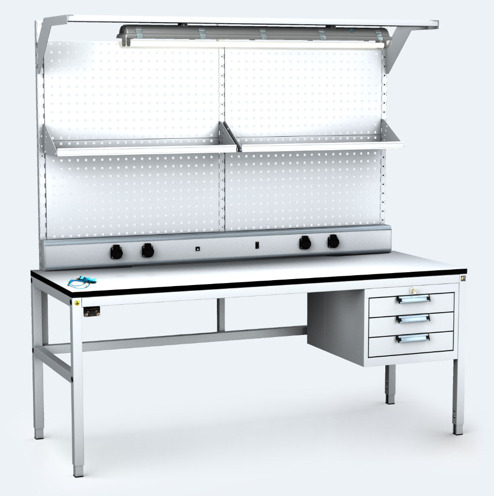 ESD - ALGERS Workbench 1885 - 2125 x 1600 x 700 mm - container - perfo - shelf - light