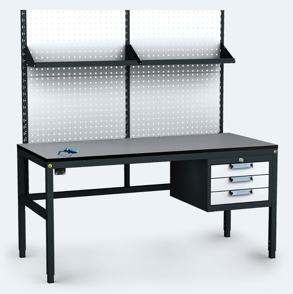 ESD - ALGERS Workbench - 1665 - 1905 x 1600 x 700 mm -container - perfo - shelf