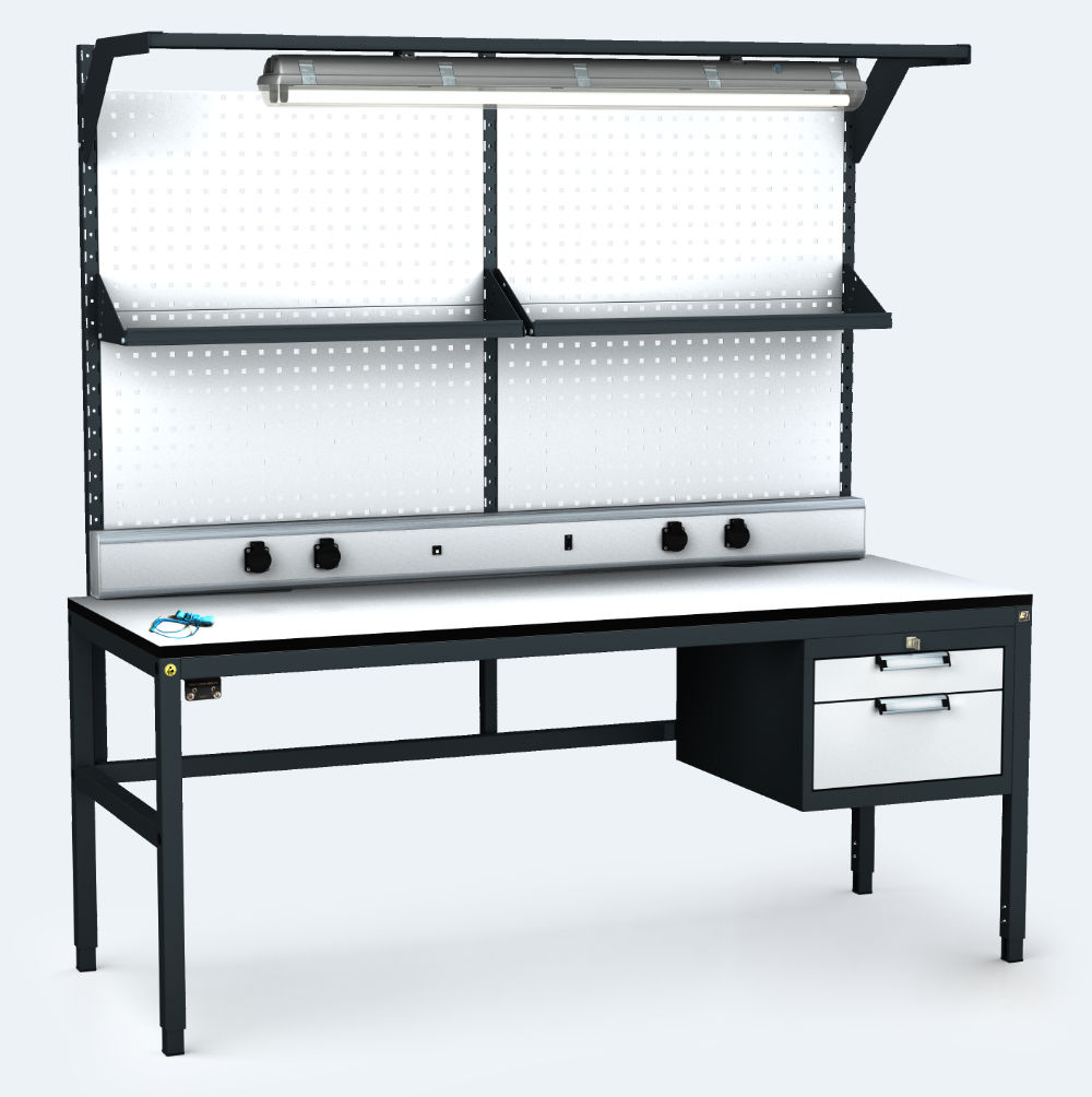 ALGERS Workbench 1885 - 2125 x 1600 x 700 mm - container - perfo - shelf - light